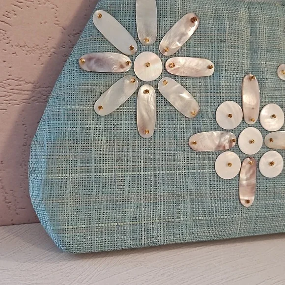 Vintage MOP accents wood handle bag purse 60s style material retro EUC - Picture 10 of 10